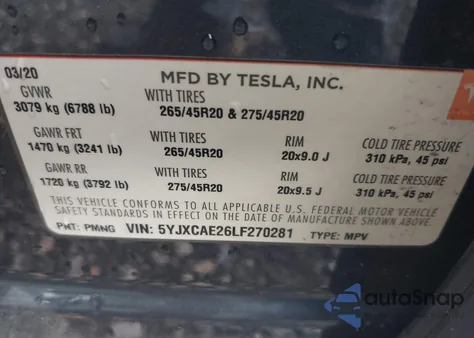 2020 Tesla Model X Long Range Dual Motor All-Wheel Drive/Long Range Plus Dual Motor All-Wheel Drive z USA, uszkodzony, nr VIN 5YJXCAE26LF270281